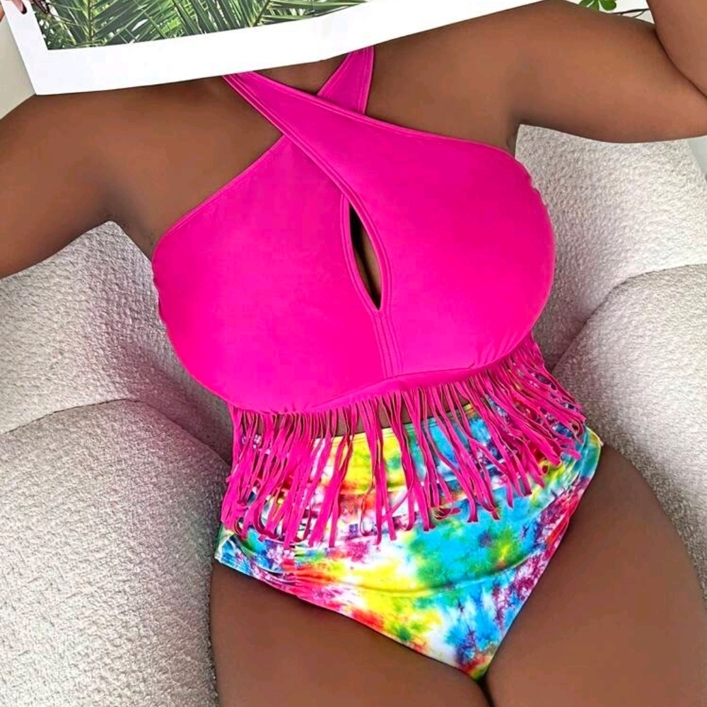 Shein 4x Vibrant Pink Fringe Tie Dye Bikini Swimsuit